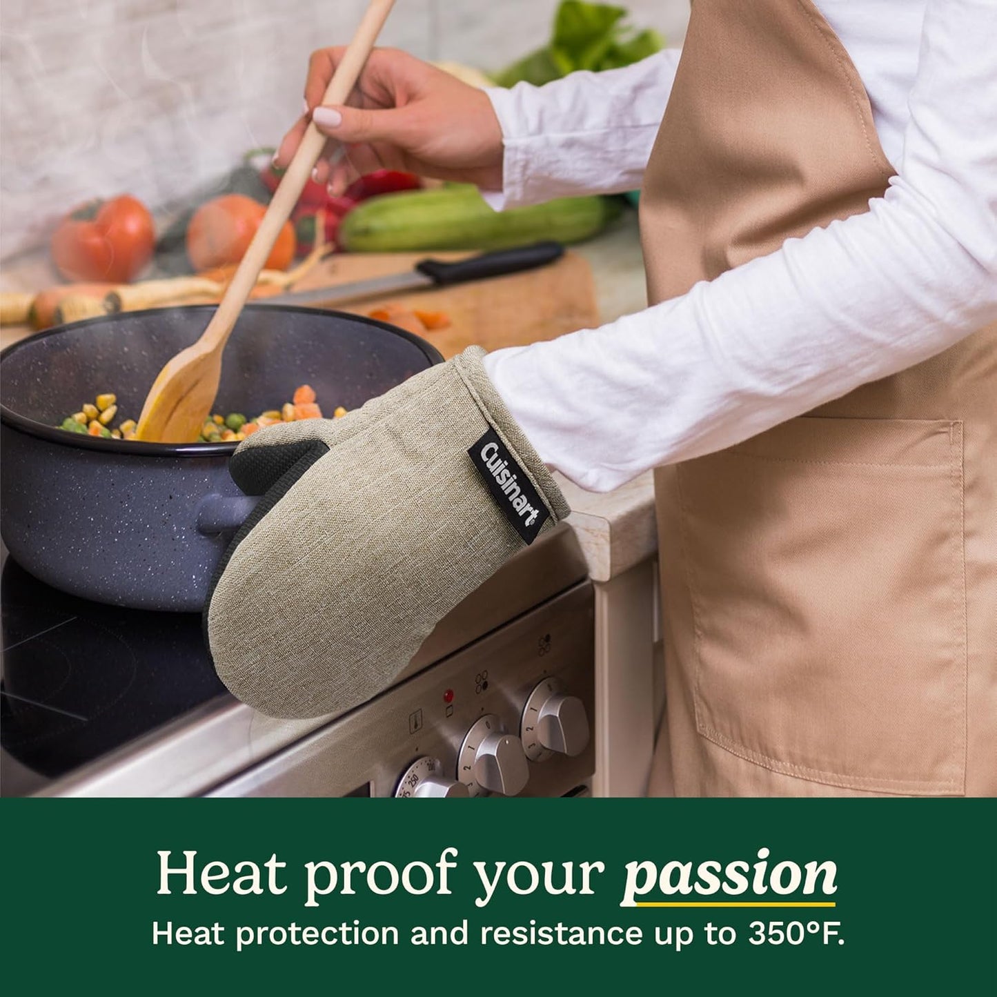 Cuisinart Mini Oven Mitts – 5.5” x 7” Heat-Resistant Kitchen Mitts for Oven with Non-Slip Neoprene Palm, Cotton Filling, and Fabric Loop – Durable Oven Mitt Set for Cooking & Baking (Taupe)