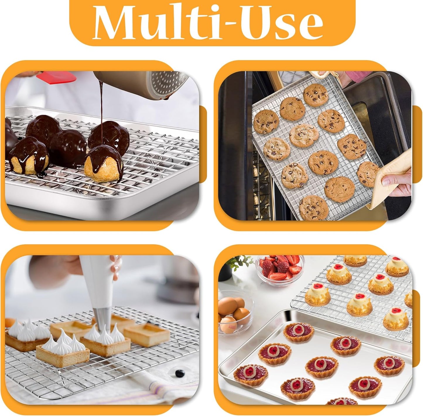 TeamFar Baking Pan with Rack Set (2 Pans + 2 Racks), Stainless Steel Cookies Sheet Baking Tray Pan with Grid Cooling Rack for Toaster Oven, Healthy & Heavy-Duty, Dishwasher Safe, 12.5 x 10 x 1 Inch