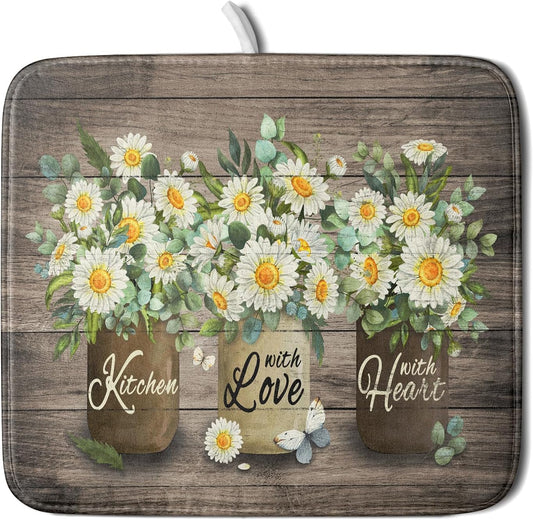 Flower Vase Dish Drying Mats 16x18 Inch Rustic Wood Reversible Microfiber Kitchen Countertop Protector Fast Dry Dish Drainer Rack Pad