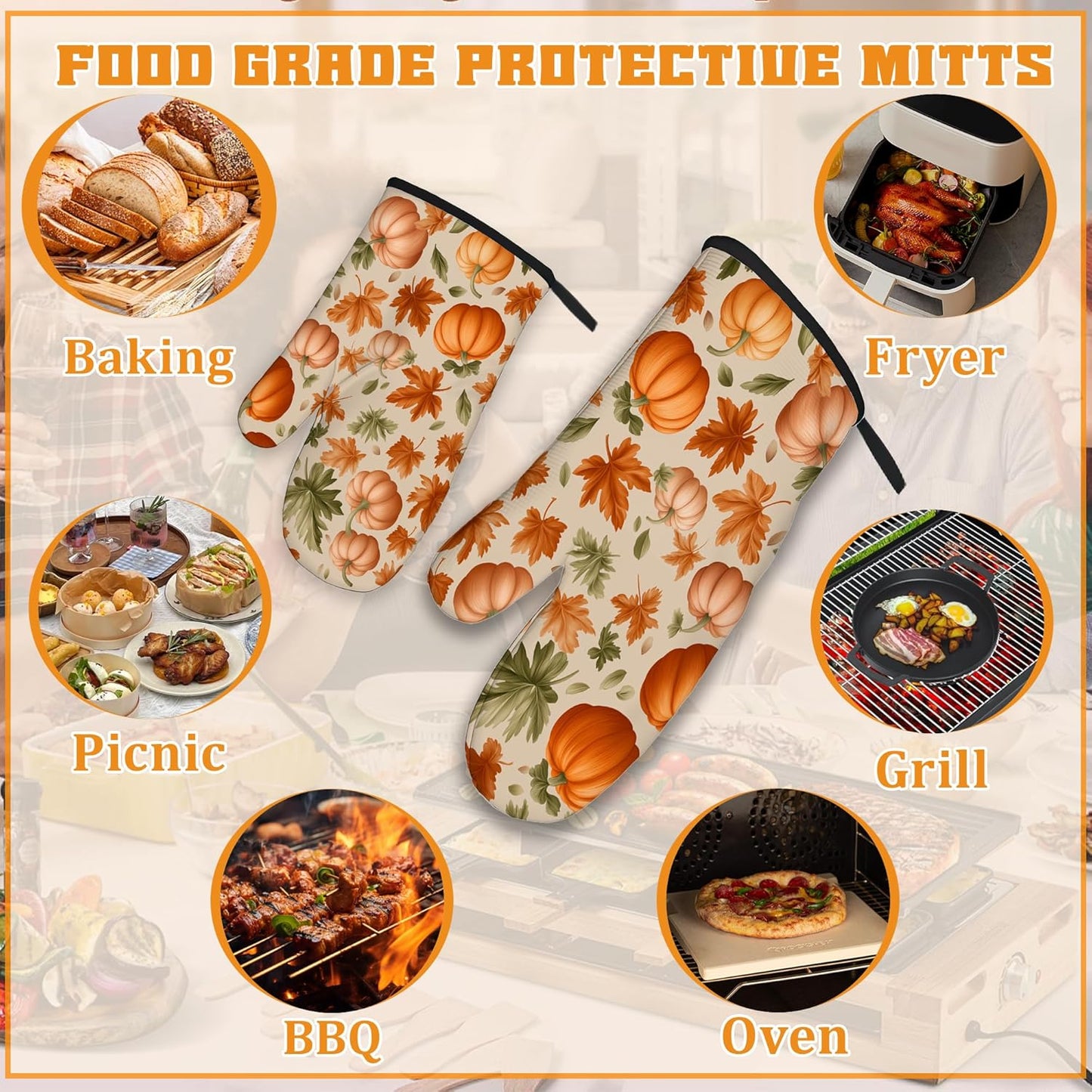 Fall Pumpkin Oven Mitts and Pot Holders,Maple Leaf Heat Resistant Oven Mitts Gloves and Pot Holder for Home Kitchen Decorations Cooking Baking BBQ Gifts,Set of 4