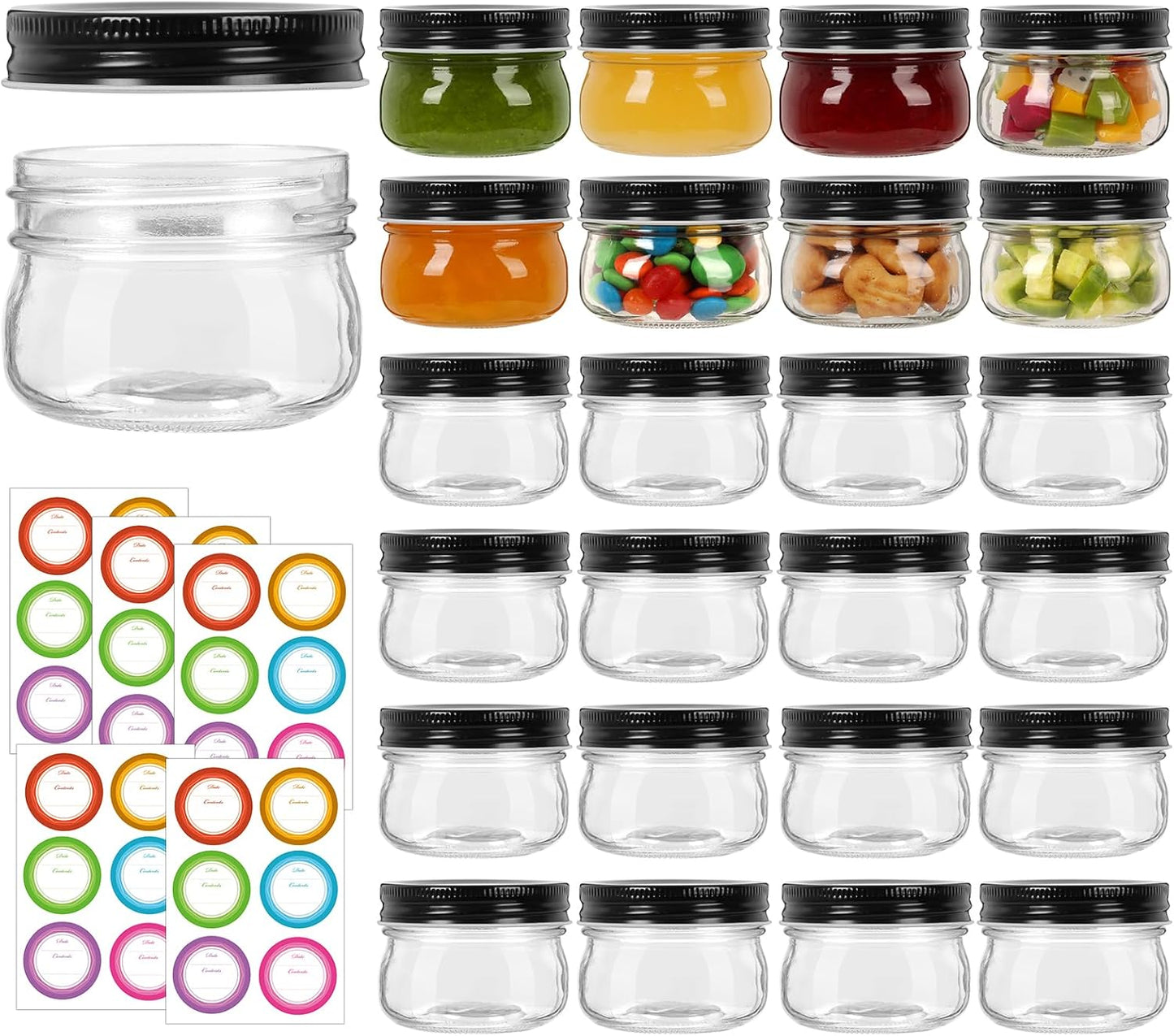 4 oz Mason Jars With Black Lid, 24 Pack Regular Mouth Canning Jars for Jam, Honey, Yogurt, Spices, Snacks, DIY Projects, Wedding Favors- Includes 30 Stickers