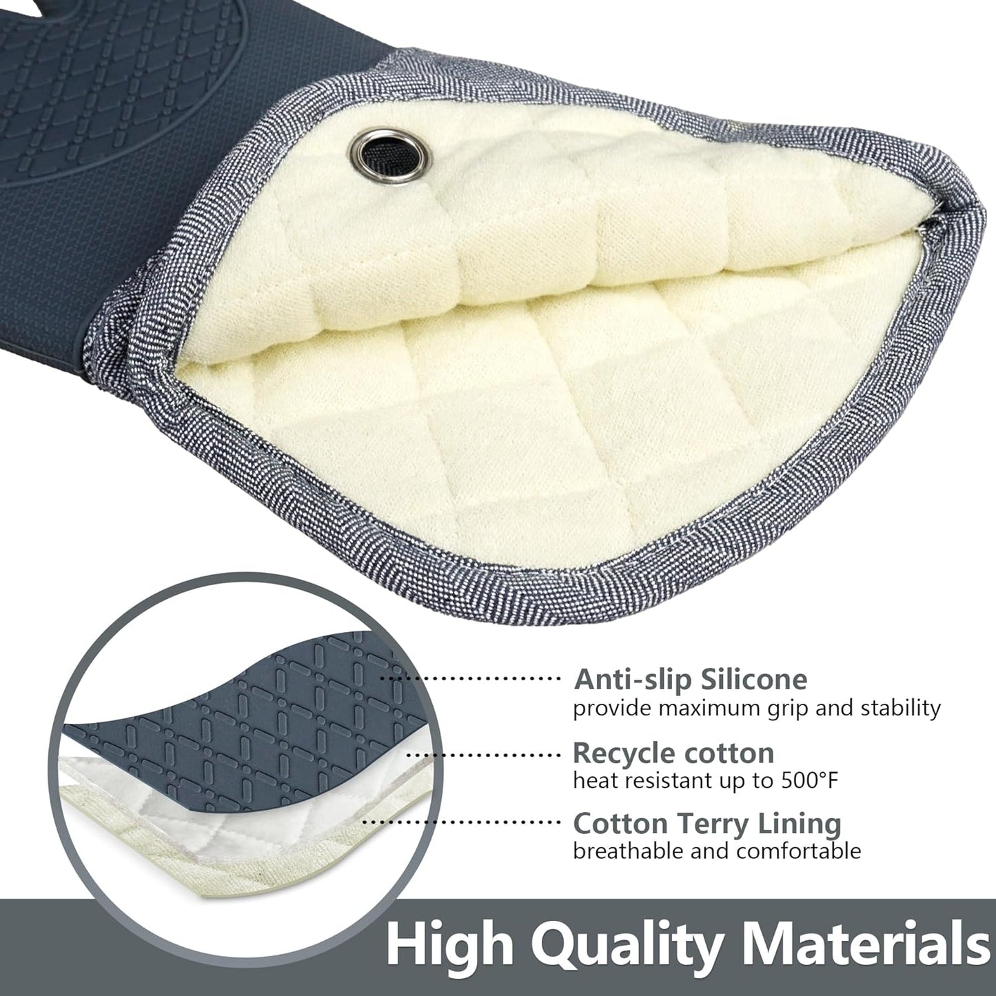 Professional Microwave Silicone Oven Mitts one Pair, Kitchen Mitten Set for Heat Resistant with 500 Degrees, Kitchen Gloves Pot Holder for BBQ Cooking Baking (Gray)