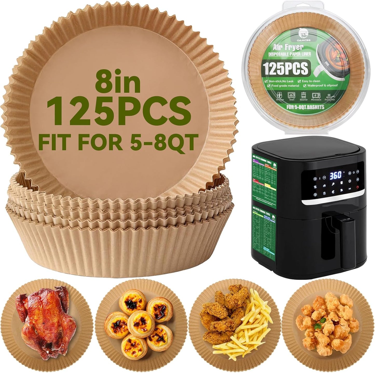 Air Fryer Liners,125 PCS Round Non-stick Disposable Paper Liners for 5-8QT, OAMCEG 8 inch Air Fryer Parchment Baking Paper for Frying, Baking, Cooking, Roasting and Microwave