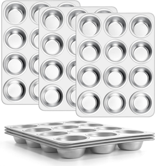 E-far Stainless Steel Muffin Pan Set of 6, 12 Cups Cupcake Pans Tins for Baking, Non-Toxic Metal Muffin Tray Molds for Small Mini Cupcake, Heavy Duty & Regular Size, Rust Free & Dishwasher Safe