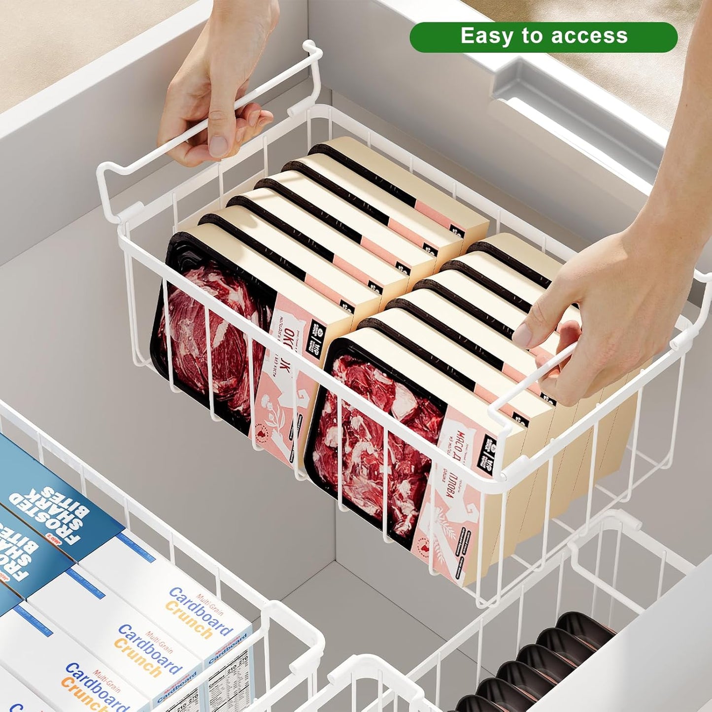 Freezer Storage Organize Baskets - 3 Pack Stackable Deep Freezer Organizer Bins for Most 7 Cu.FT Chest Freezer with Handles, Sturdy but Light, Metal Coated, Add Space, Easy to Reach