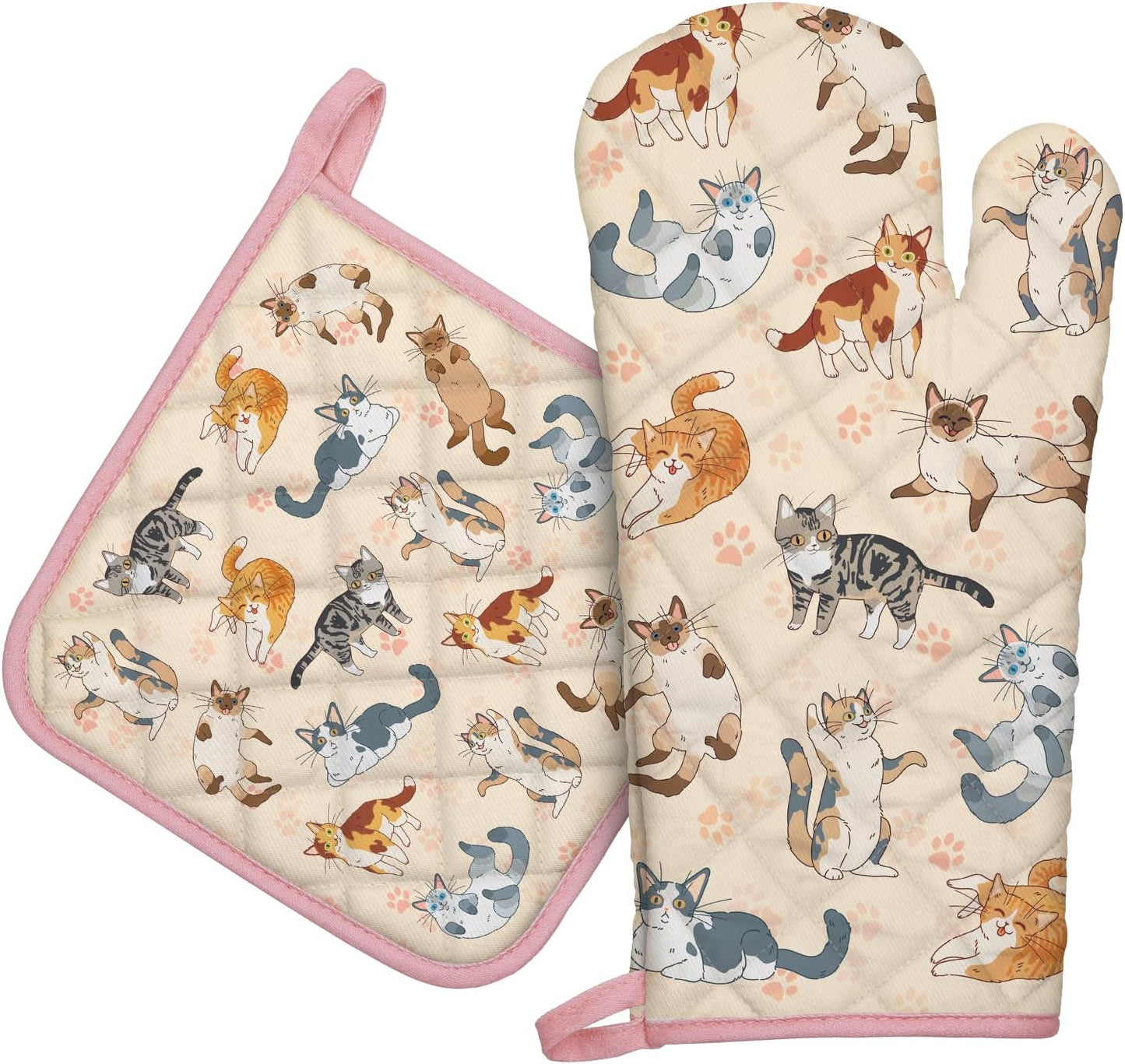 Cat Oven Mitts and Pot Holders Sets 100% Cotton Heat Resistant, Extra Long Oven Gloves Potholder for Kitchen Cooking Baking Housewarming