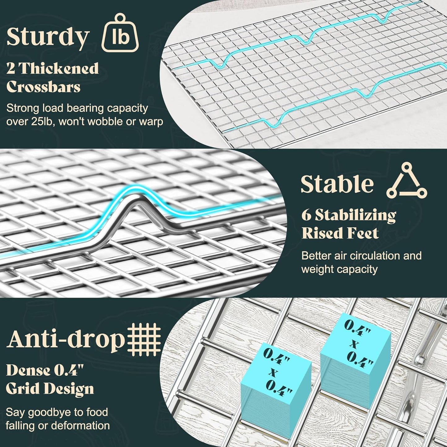 Cooling Racks for Cooking and Baking-8.5"x12" Oven Safe Premium Stainless Steel Heavy Duty Baking Rack Tight-Wire, Fits Quarter Sheet Pan for Roasting & Grilling & Cooking-Set of 2