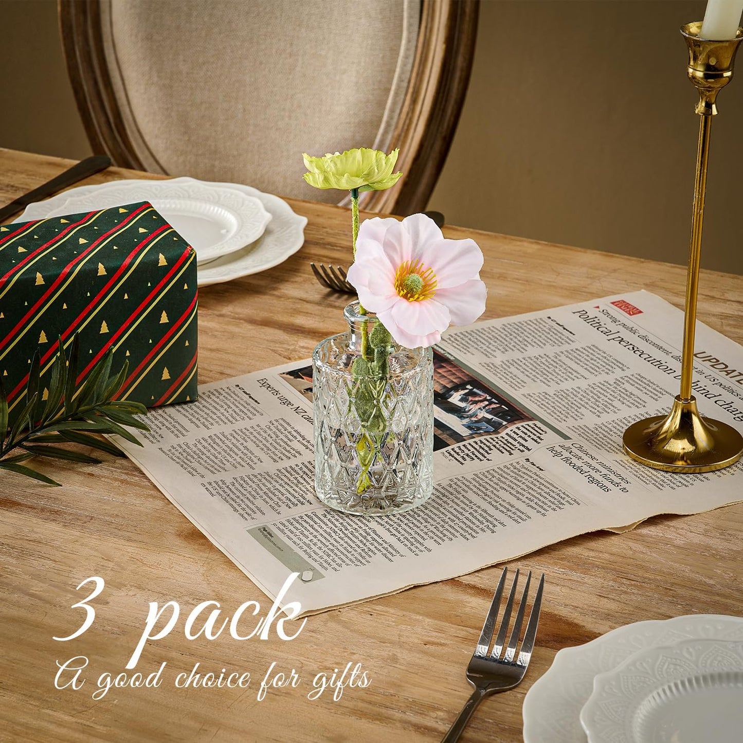 Glass Bud Vase Set of 3 Pcs Small Minimalist Vases for Flowers, Vintage Rustic Home Decor for Table Centerpiece Wedding Party, Modern Clear Aromatherapy Bottle for Living Room Bedroom