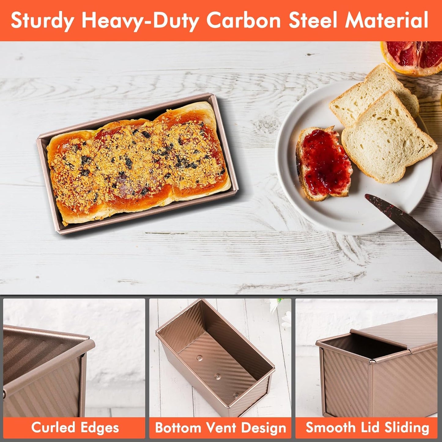 Beasea Pullman Loaf Pan with Lid, 1 Pack Non-Stick 1 lb Carbon Steel Bread Toast Box Baking Cake Mold with Cover for Homemade Bread Oven Baking - Rose Gold