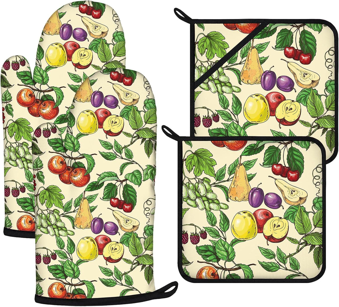 Fruit Oven Mitts and Pot Holders Sets 4Pcs,Extra Long Oven Gloves Potholder for Kitchen Cooking Baking BBQ 100% Cotton Heat Resistant