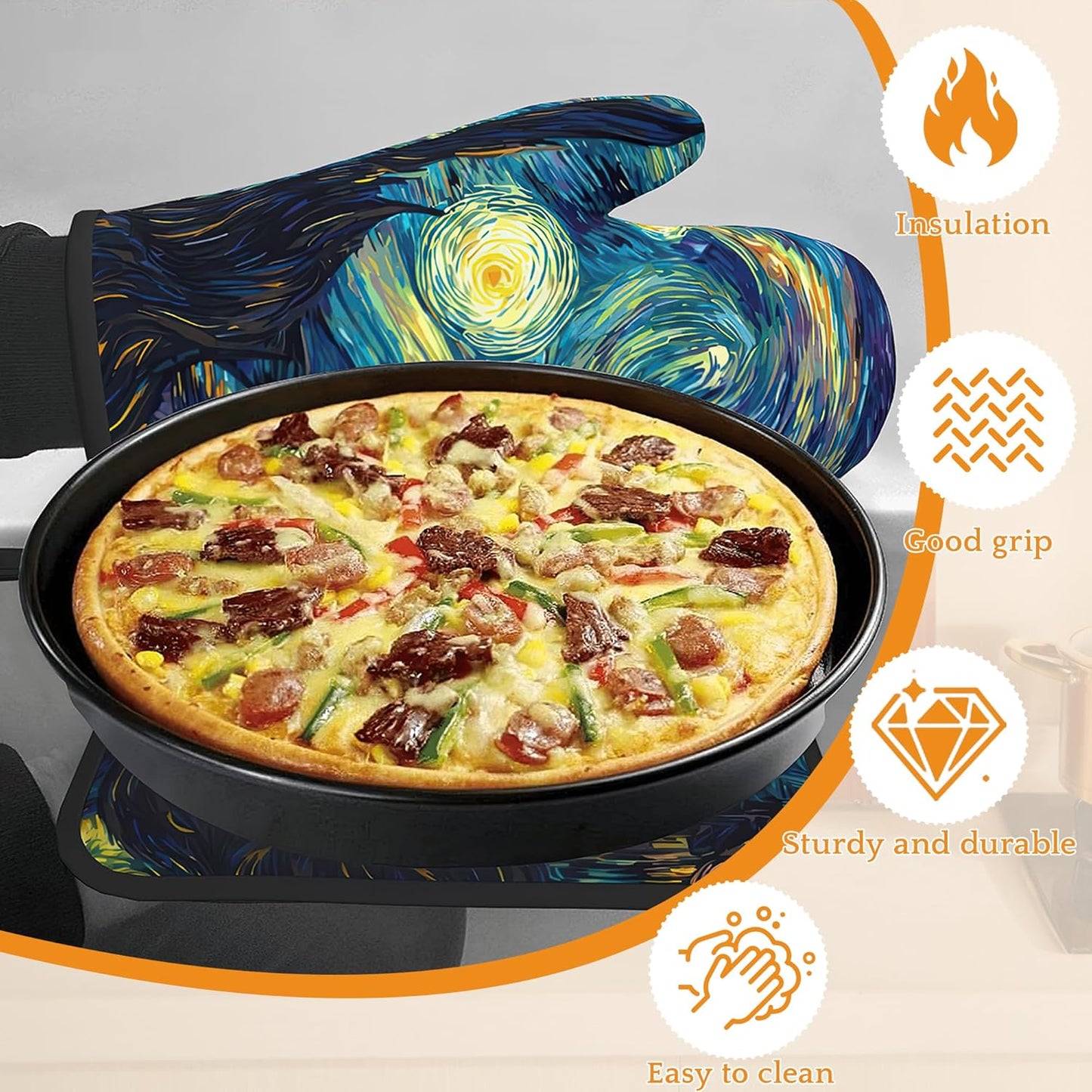 Starry Night Moon Oven Mitts and Pot Holders Set,Village Kitchen Oven Gloves and Pot Holder with Heat Resistant Non Slip for Cooking Baking Grilling(4 Piece Set)