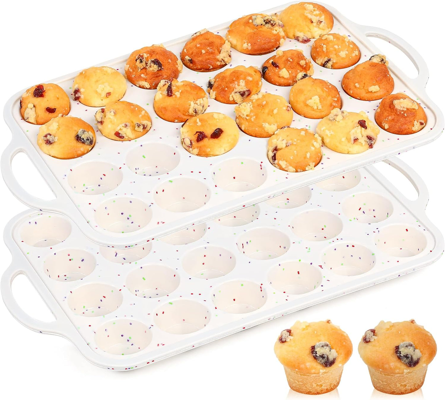 2 Pcs Silicone Mini Muffin Pan With Metal Frame, 24 Cups Nonstick Cupcake Tray for Baking, Small Muffin Molds with Handles (Cream)