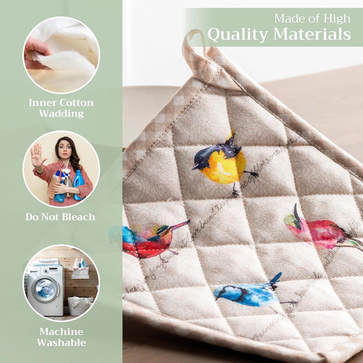 Maison d' Hermine Pot Holders set 100% Cotton Heat Resistant Potholders 8" x 8" Hot Pads with Loop BBQ, Cooking, Baking, Grilling, Kitchen, Handling Hot Pans Spring/Summer (Pack of 2, Birdies On Wire)