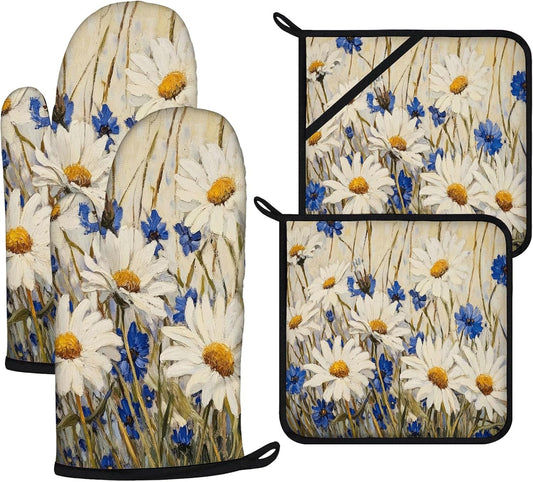 Daisy Flowers Oven Mitts and Pot Holders Sets 4Pcs,Extra Long Oven Gloves Potholder for Kitchen Cooking Baking BBQ 100% Cotton Heat Resistant