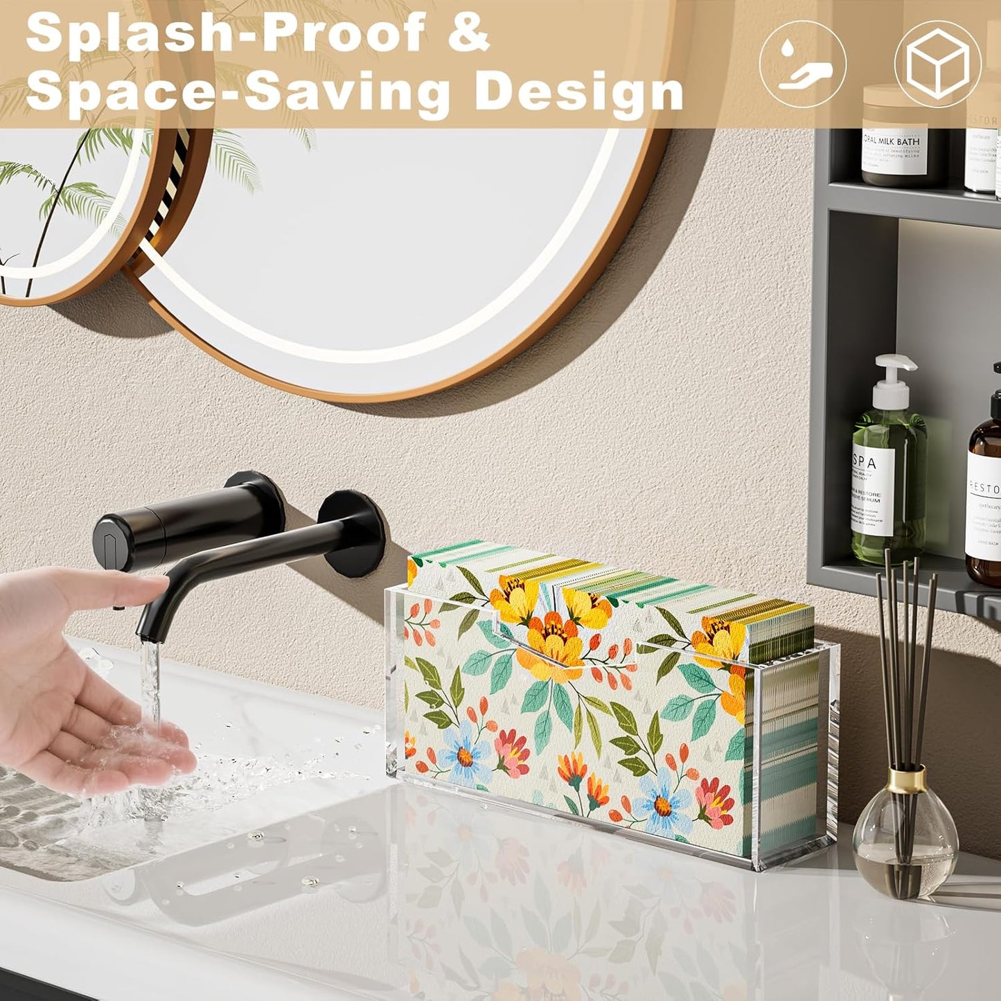 HELPLEX Clear Acrylic Guest Towel & Napkin Holder - Waterproof Splash-Proof Vertical Design for Bathroom, Kitchen, Dining Table - Home Hotel Office Organizer (2-Pack)