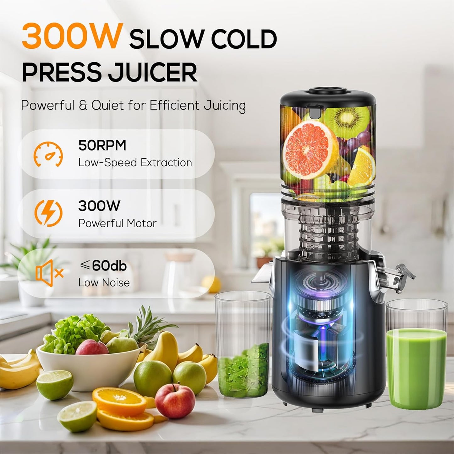 Cold Press Juicer Machines, 5.3” Large Feed Chute Slow Masticating Juicer for Whole Fruits & Vegetables, 300W Quiet Juice Extractor, Easy to Clean, Anti-Clog, No Drip, 99% High Juice Yield