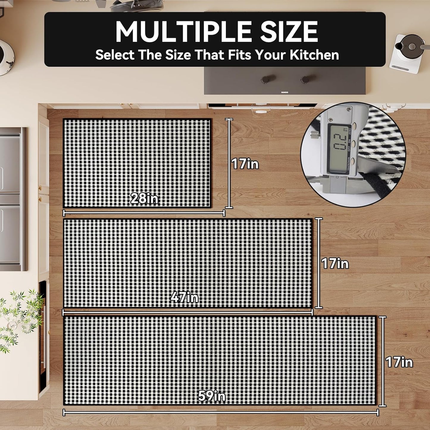 Kitchen Mat Kitchen Rugs Sets of 2 PCS Non Slip Washable, Super Absorbent Soft Braided Kitchen Mats for Floor, Rubber Backing Comfort Standing Kitchen Sink Mat Runner Rug, Black 17"x28"+17"x47"