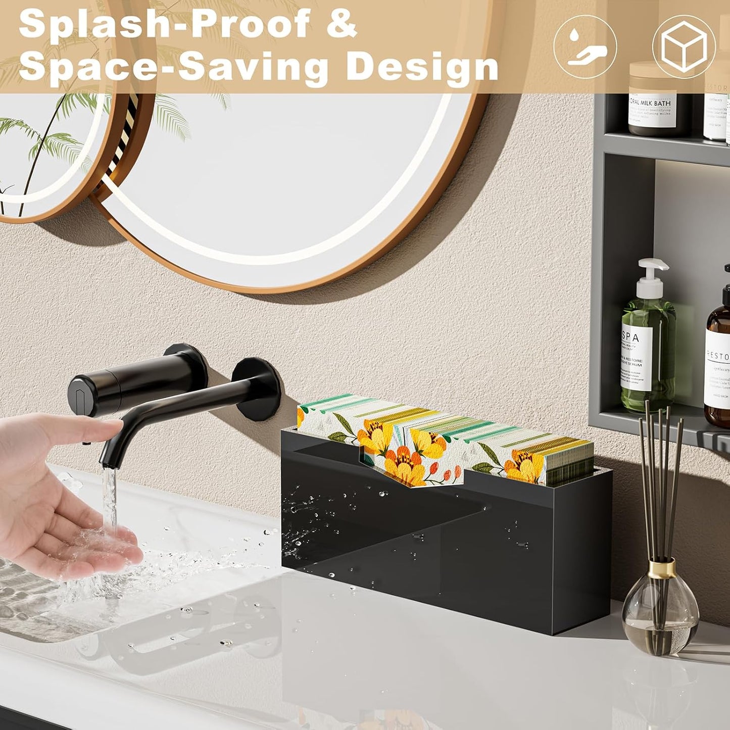 HELPLEX Black Acrylic Guest Towel & Napkin Holder - Waterproof Splash-Proof Vertical Design for Bathroom, Kitchen, Dining Table - Home Hotel Office Organizer (1-Pack)