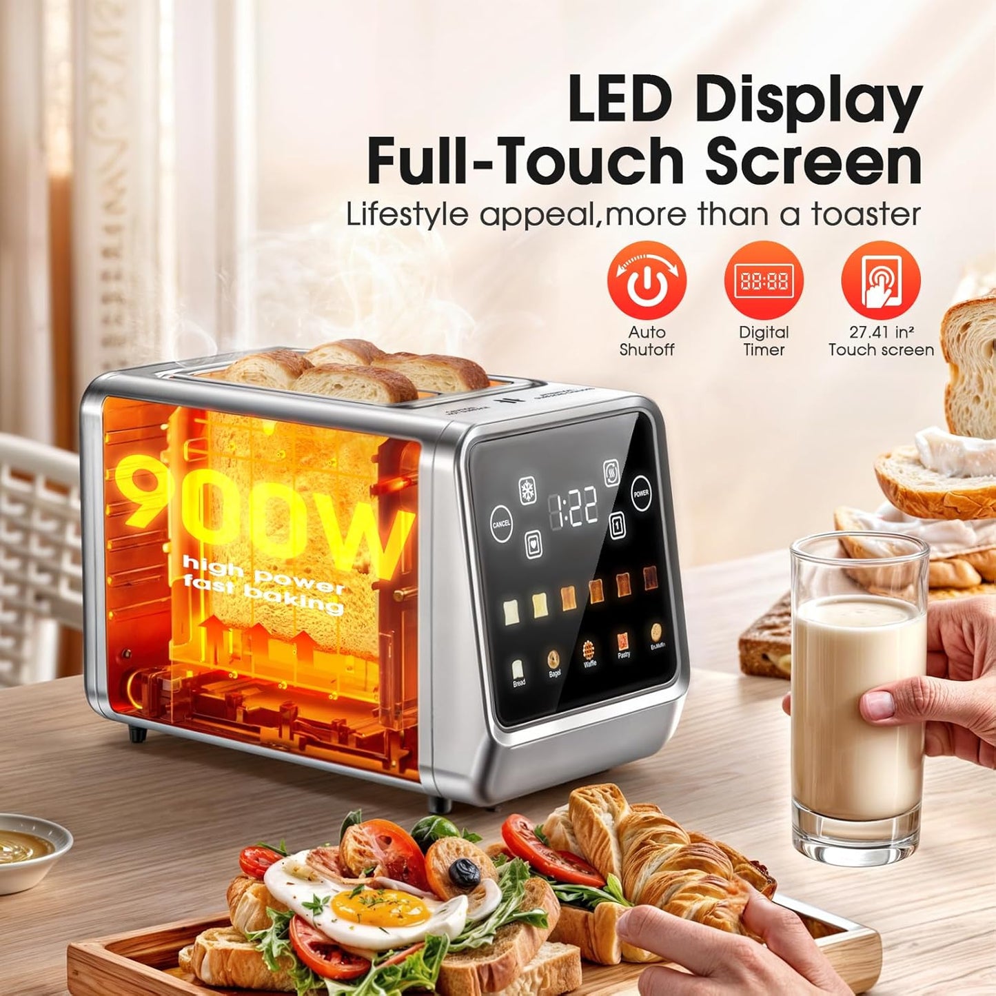 Toaster 2 Slice Wide Slot, Stainless Steel Digital Toasters Best Rated Prime, Touch Screen Toaster for 5 Bread Types/6 Shade Settings/Single Slot Toasting/Memory Function/Defrost/Reheat