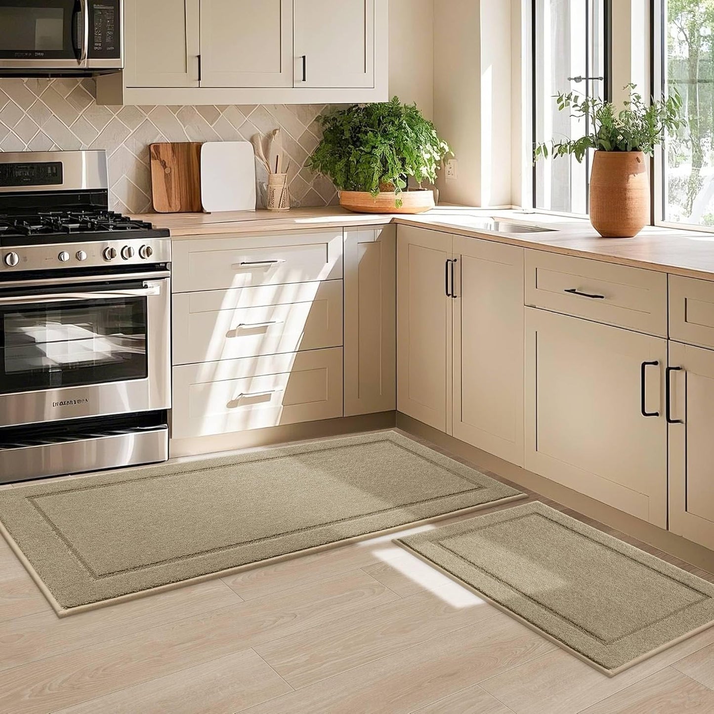 JSEI Non-Slip Kitchen Mats, Self Adhesive No Sliding Kitchen Rugs Set of 2, Washable Absorbent Floor Mat for Kitchen, Bathroom, Laundry Room, Bedroom, 20”x32”+20”x48”, Beige, Rectangular Pattern