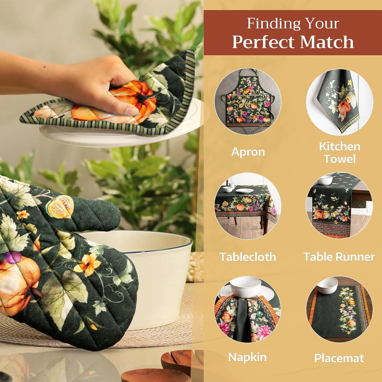 Maison d' Hermine Pot Holders Set 100% Cotton Heat Resistant Potholders 8" x 8" Hot Pads with Loop BBQ, Cooking, Baking, Grilling, Kitchen, Handling Hot Pans (Pack of 2, Pumpkin Garden - Dark Green)