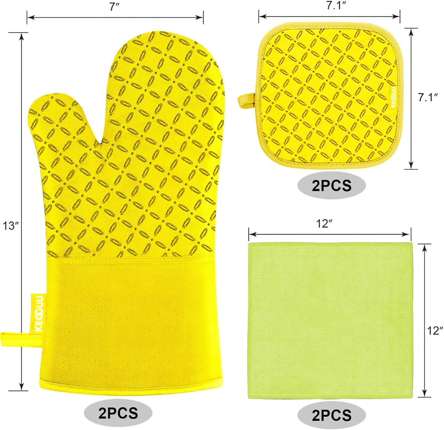 KEGOUU Oven Mitts and Pot Holders 6pcs Set, Kitchen Oven Glove High Heat Resistant 500 Degree Extra Long Oven Mitts and Potholder with Non-Slip Silicone Surface for Cooking (Yellow)