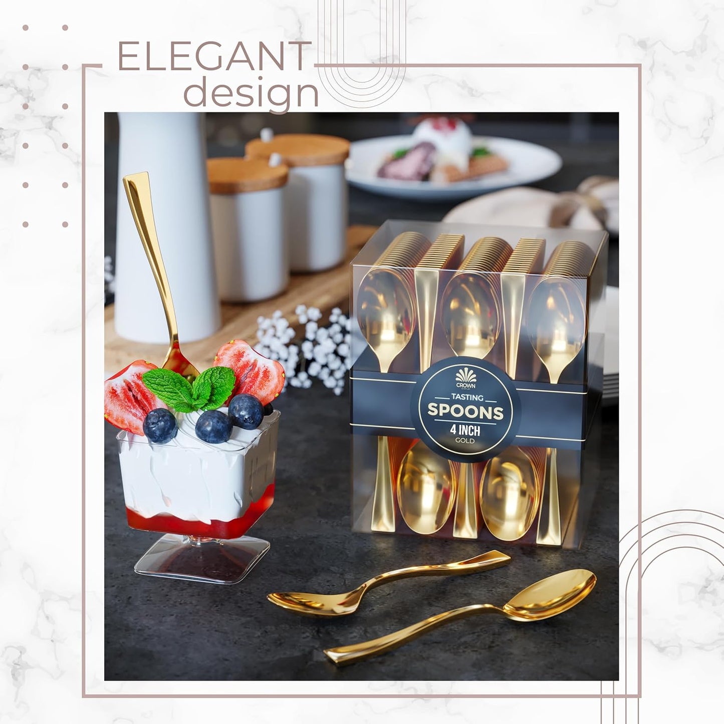 EXQUISITE Mini Spoons For Desserts - Bulk Pack Of 100 Gold Dessert – Disposable 4.5 Inch Plastic Appetizer Real Flatware Look Miniature Gold Bpa Free Food SafeSafe