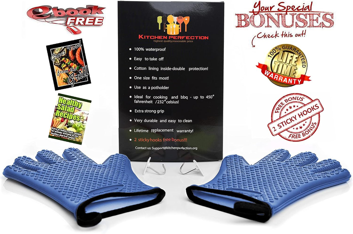 KITCHEN PERFECTION Silicone Smoker Oven Gloves -Extreme Heat Resistant BBQ Gloves -Handle Hot Food Right on Your Smoker Grill Fryer Pit|Waterproof Oven Mitts Grill Gloves |Superior Value Set+3 Bonuses