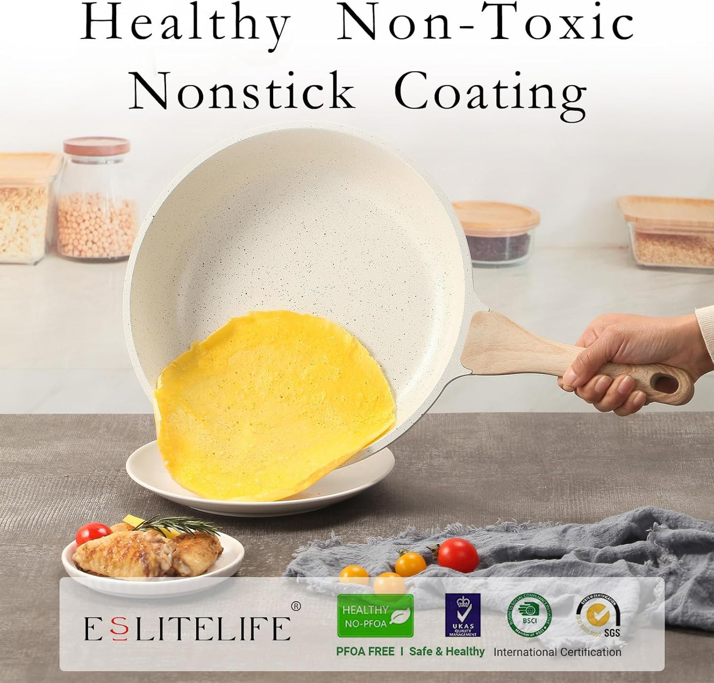 ESLITE LIFE Nonstick Ceramic Frying Pan Skillet with Lid, Non-Toxic Egg Omelette Kitchen Cooking Pans Compatible with All Stovetops (Gas, Electric & Induction), PTFE & PFOA Free (White, 11" w/Lid)
