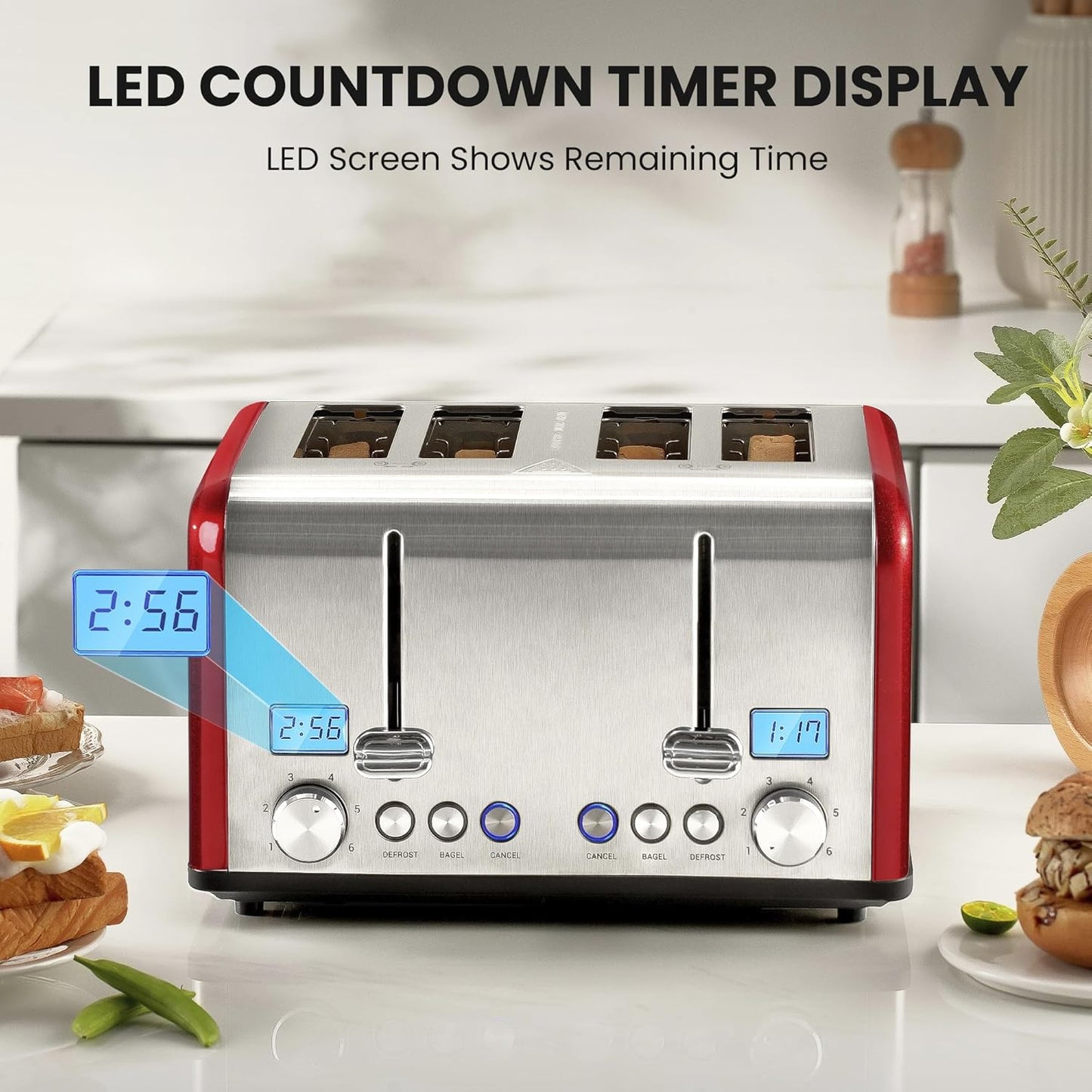 Countdown Stainless Steel 4 Slice Toaster with Bagel, Defrost, Cancel Function, Dual Toaster, Extra Wide Slots, 6 Shade Settings, Removable Crumb Trays, 1650W, Red