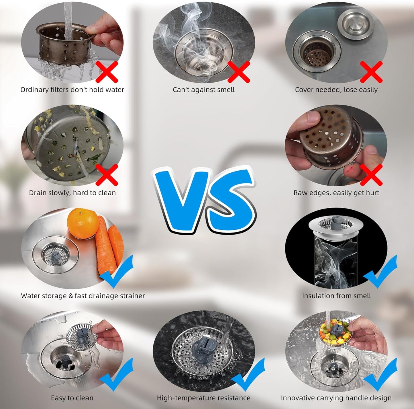 Hibbent 3 in 1 Kitchen Sink Drain Strainer, Stainless Steel Drain Stopper Combo, Pop Up Sink Stopper, Anti-Clogging Metal Basket Strainer with Handle for US Standard 3-1/2" Drain