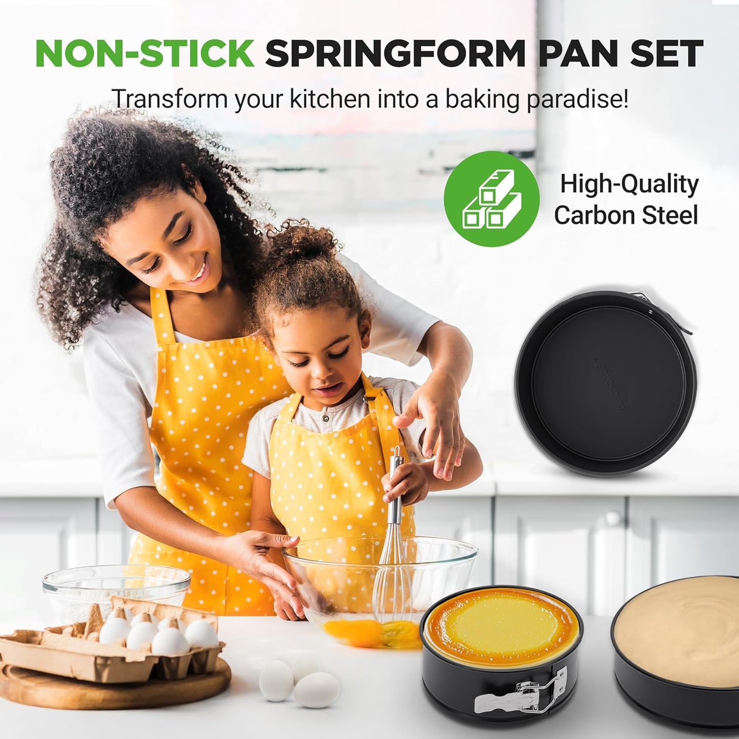 NutriChef 3 Piece Nonstick Springform Pan Set | 3 Tiered Sizes 6, 8 & 10 Inch Pans | Carbon Steel Cheesecake Pans | Stainless Steel Clasps | Oven Safe to 450 F | Includes 300 Parchment Papers | Black