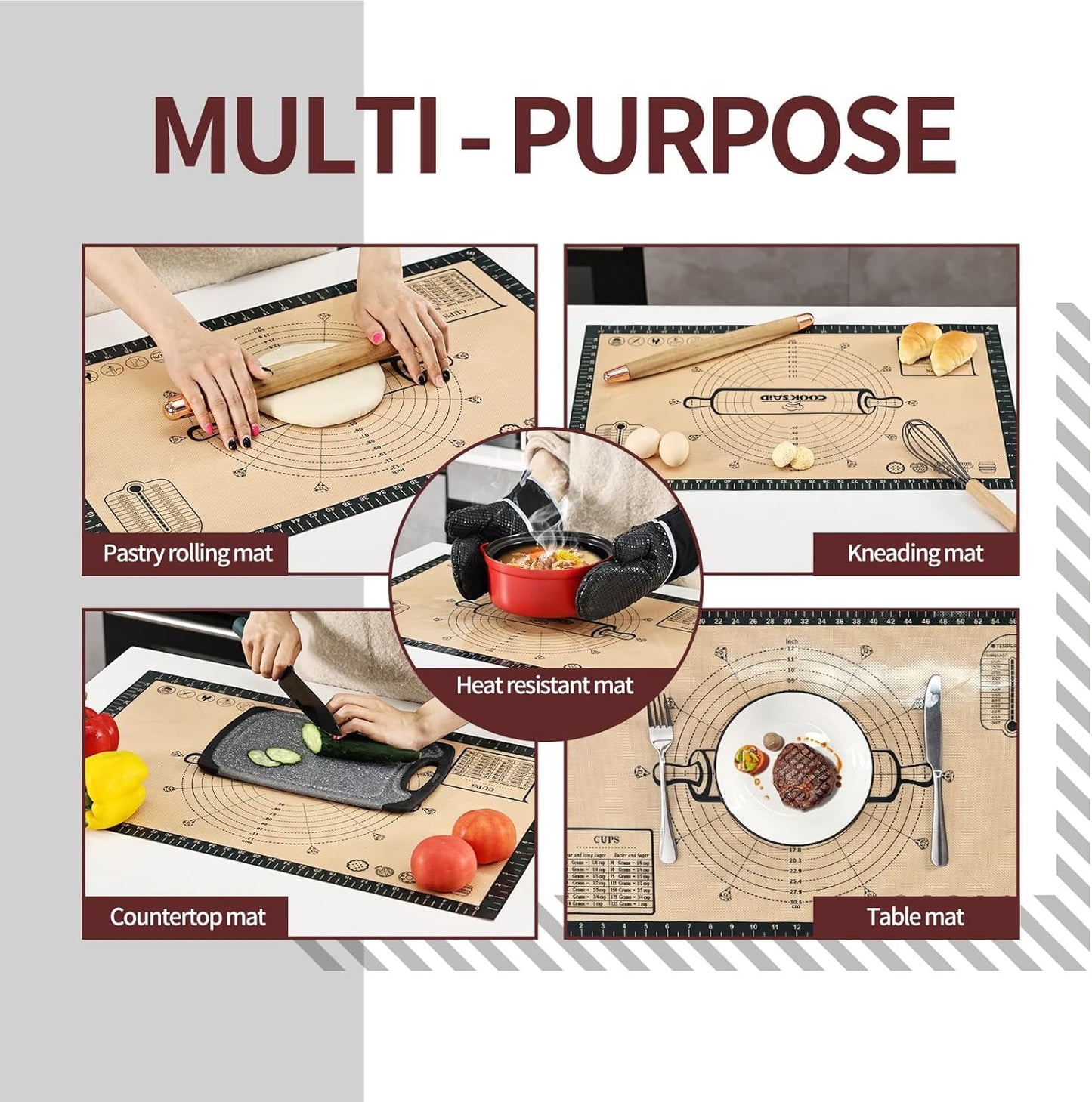 Cook's Aid Silicone Pastry Mat Extra Large with Measurements 26''x16'' for Reusable,Non-slip Silicone Baking Mat, Counter, Dough Rolling, Oven Liner,Fondant/Pie Crust,Dark Gray