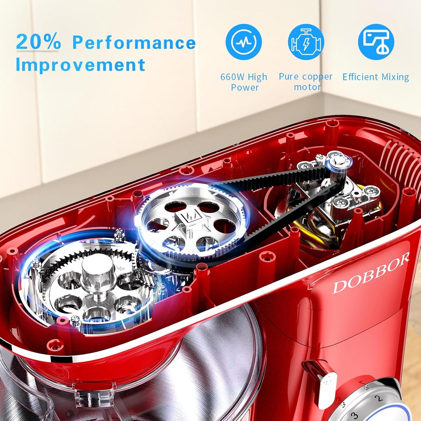 DOBBOR Electric Stand mixer, 9.5QT 660W 7 Speeds Tilt-Head Dough Mixers, Bread Mixer with Dough Hook, Whisk, Beater, Splash Guard for Baking Bread, Cake, Cookie, Pizza, Muffin, Salad and More - Red