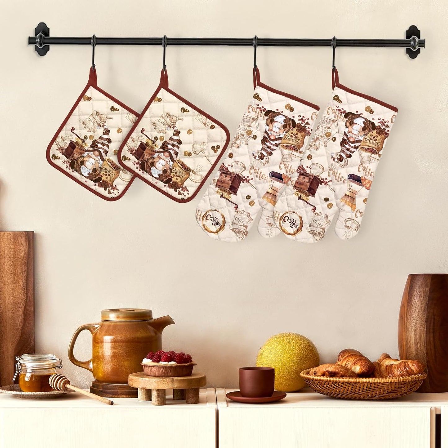 Coffee Gnome Oven Mitts and Pot Holders Sets 4Pcs, 100% Cotton Heat Resistant, Extra Long Oven Gloves Potholder for Kitchen Cooking Baking Decoration