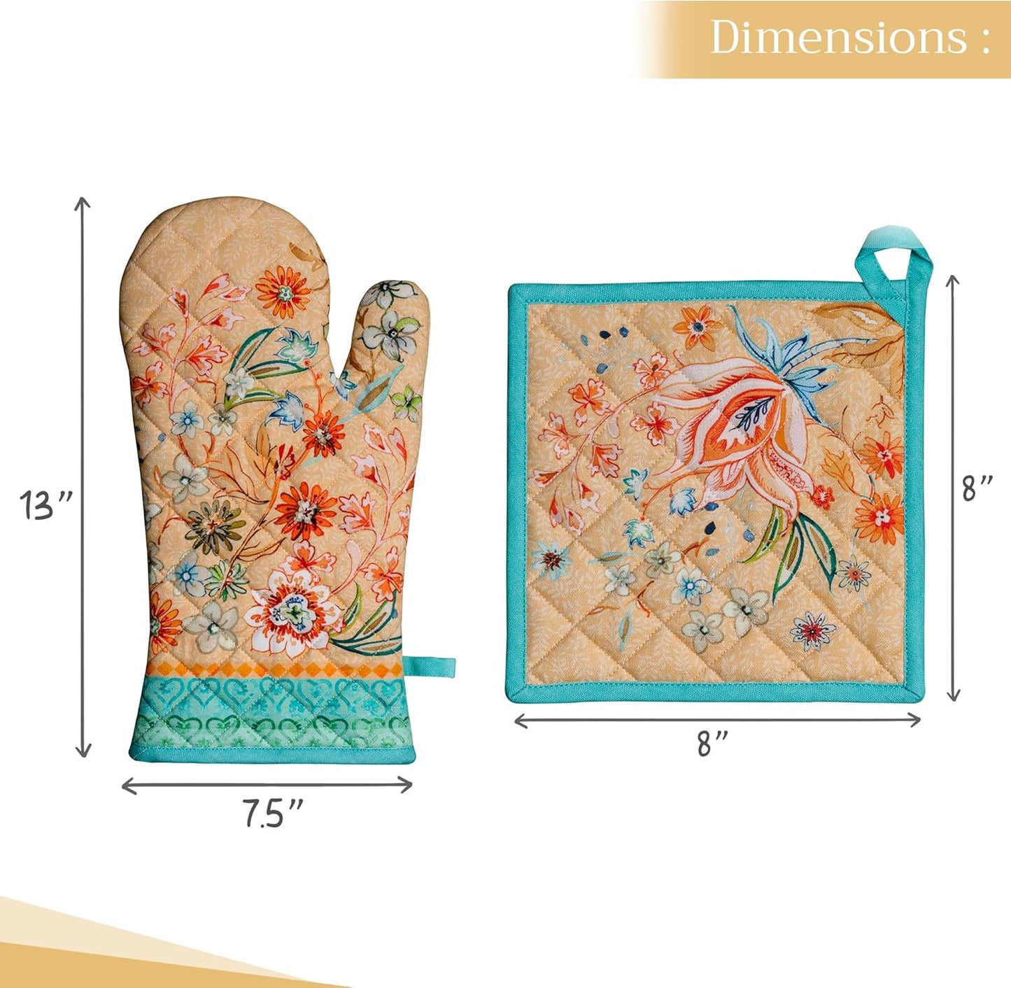 Maison d' Hermine 100% Cotton Oven Mitt & Pot Holder Set (7.5"x13" & 8"x8") Heat Resistant BBQ Cooking Gloves with Loop, Baking, Grilling, Kitchen, Handling Hot Pan Spring/Summer (Luxury Loft – Peach)