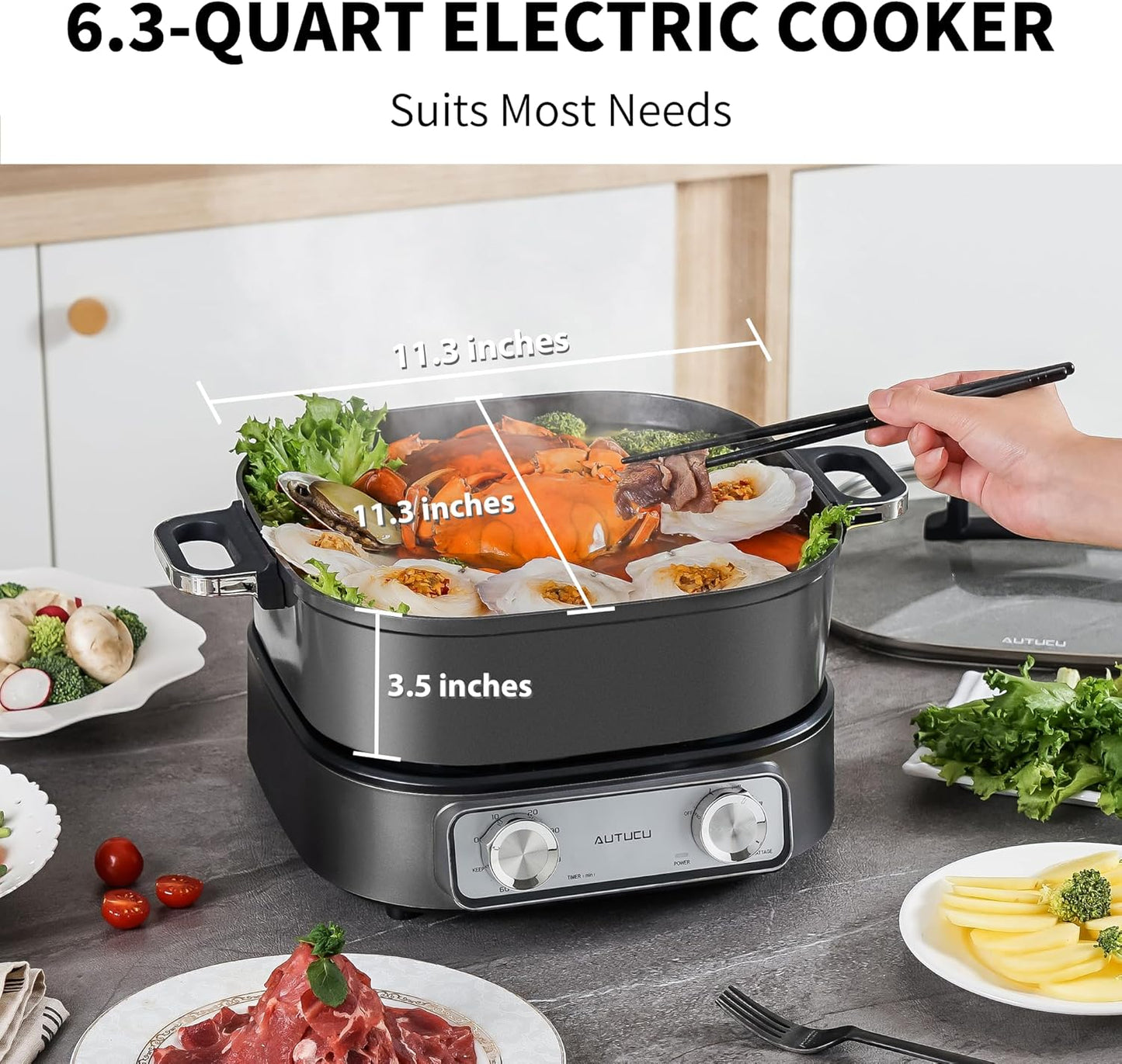 6-Quart Electric Skillet Hot Pot | Non-Stick PFOA-Free Ceramic-Coated Pot, 1600W, Timer & 3 Power Settings for Family Meals