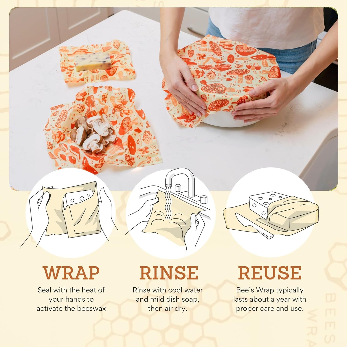 Bee's Wrap Beeswax Wraps for Food - Mushroom Magic 3 Pack (S, M, L) Made in USA Reusable & Organic Food Wraps, Sandwich Wrap & Bowl Covers - Eco-Friendly Alternative to Aluminum Foil & Plastic Wrap