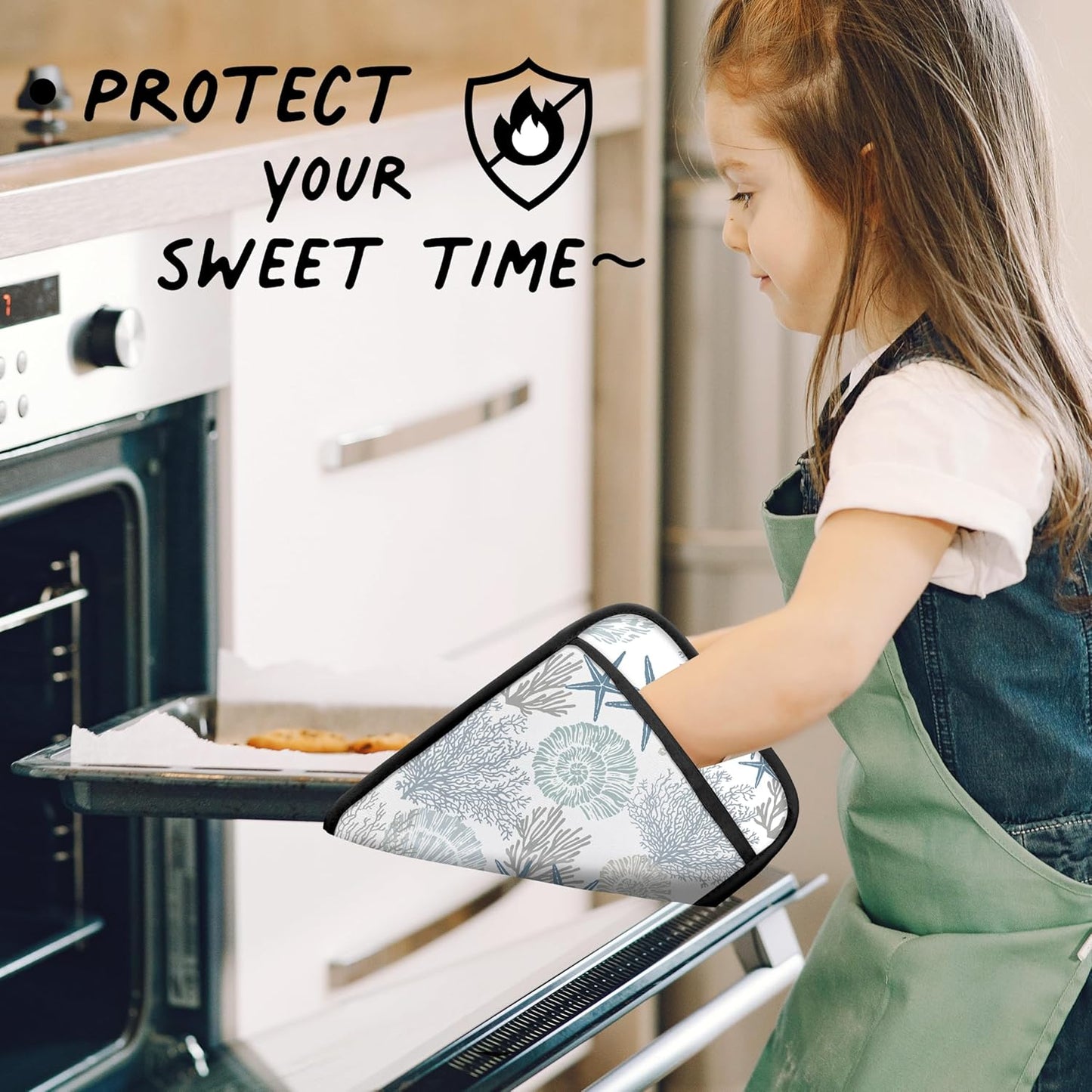 Coastal Beach Seashell Coral Starfish Oven Mitts Set, Ocean Beach Gifts for Women, Blue Heat Resistant Kitchen Oven Gloves for Baking and Cooking,Pot Holders