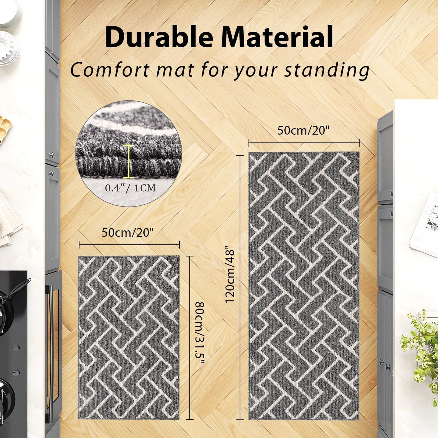 hicorfe Kitchen Rugs and Mats Sets,Non-Slip 2 Pieces Absorbent 100% Polypropylene Rug,Comfort Kitchen Runner Mat,Washable for Kitchen,Sink,Laundry(20" x 31.5" Plus 20" x 48",Grey)