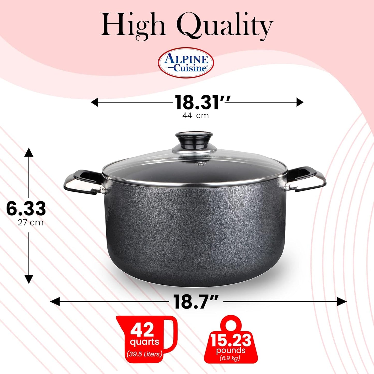 Alpine Cuisine 42 Quart Non-stick Stock Pot with Tempered Glass Lid and Carrying Handles, Multi-Purpose Cookware Aluminum Dutch Oven for Braising, Boiling, Stewing