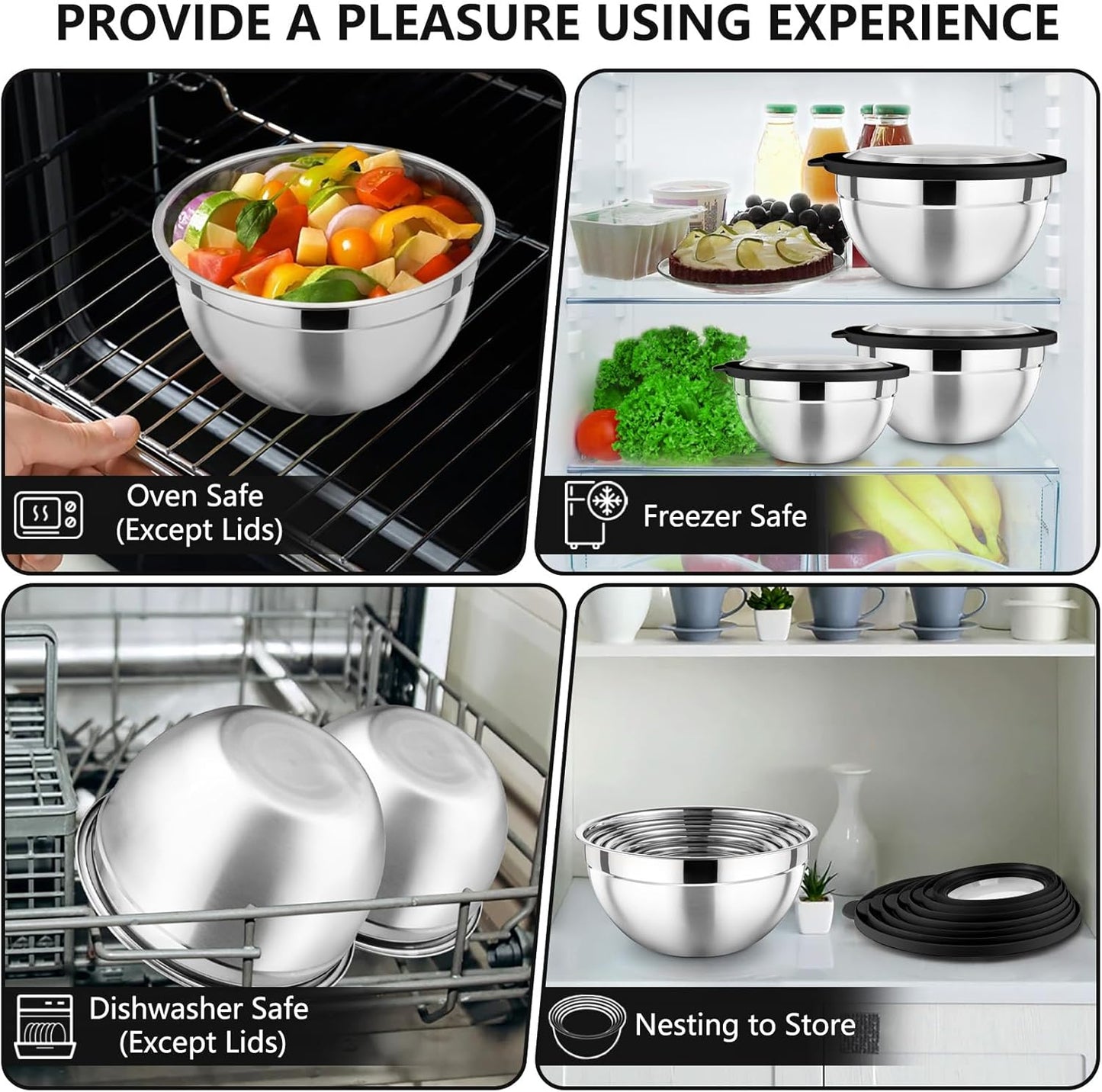 P&P CHEF Mixing Bowl with Lid Set of 7, Stainless Steel Nesting Salad Bowls for Cooking Serving Prepping, Clear Lids & Stackable Design, Size 4.6, 3.5, 3, 2, 1.5, 1, 0.7 Qt - Black