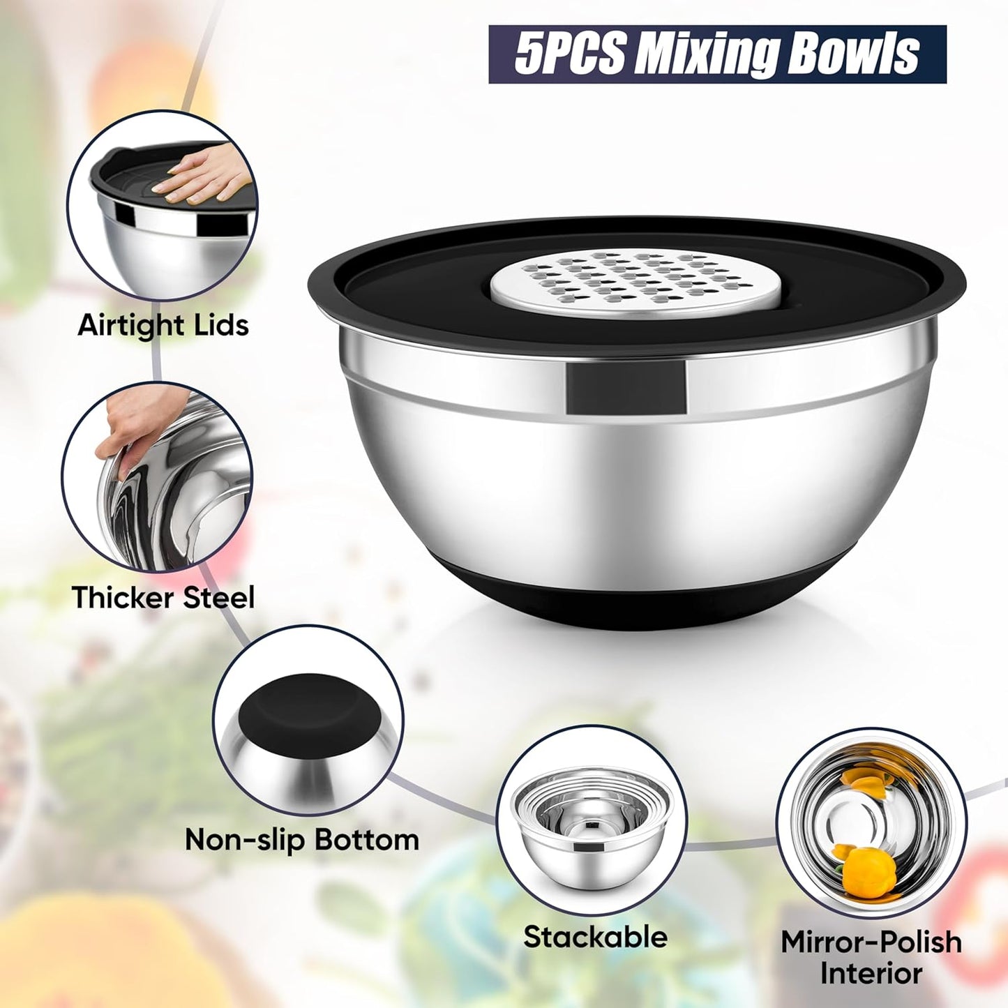 E-far Stainless Steel Mixing Bowls with Lids Set, 5-Piece Nesting Salad Bowls with 3 Grater Attachments and Non-Slip Bottoms, Size 4.6, 2.6, 2, 1.5, 1QT for Kitchen (Black)