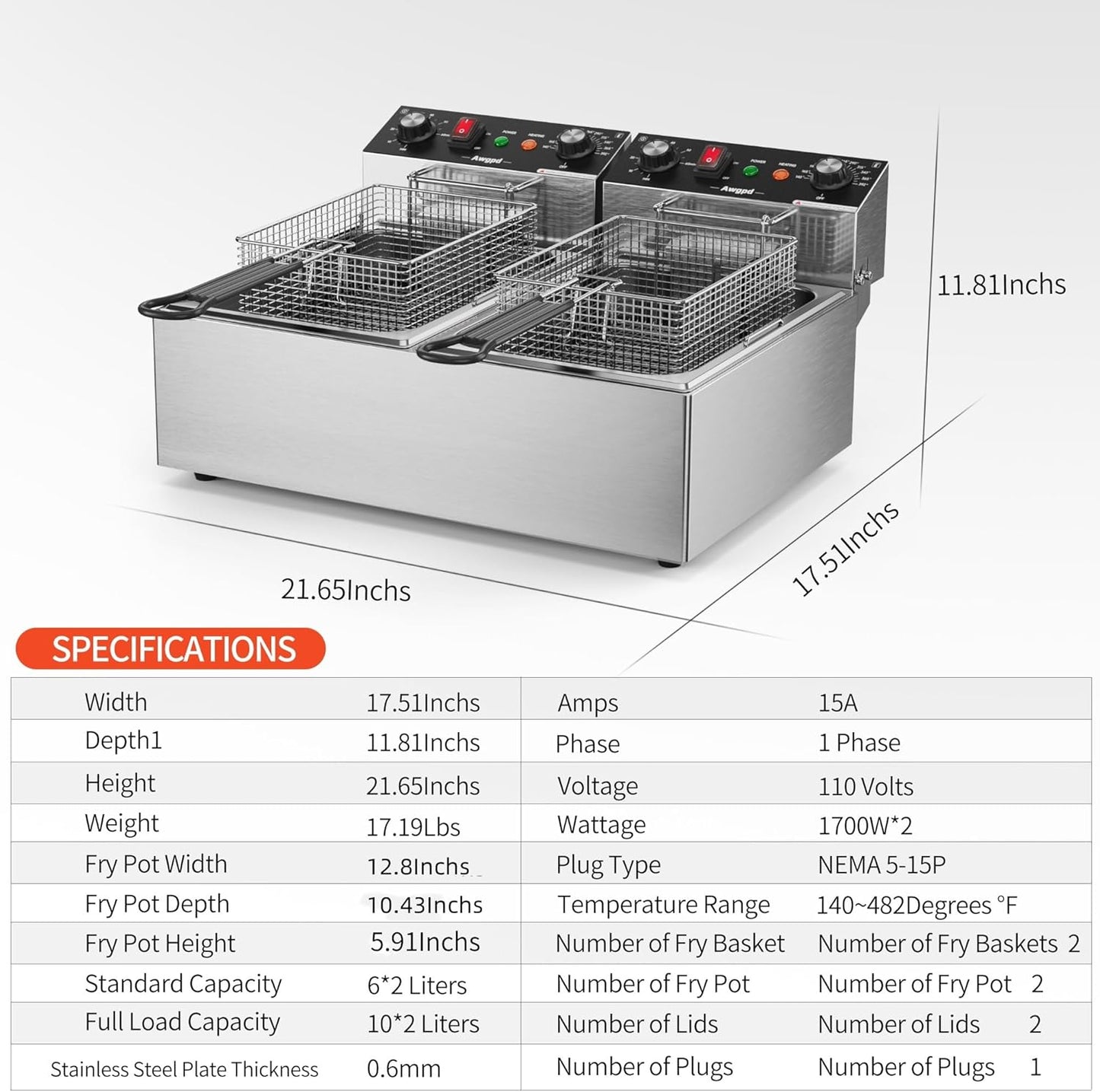 Deep fryers Commercial Deep Fryer 3400W Stainless Steel Electric Deep Fryers with Timer 20L(21.1Qt) Large Capacity Dual Tank Fryer with Baskets and Lids Countertop Deep Fryer for Restaurant Use (20L)