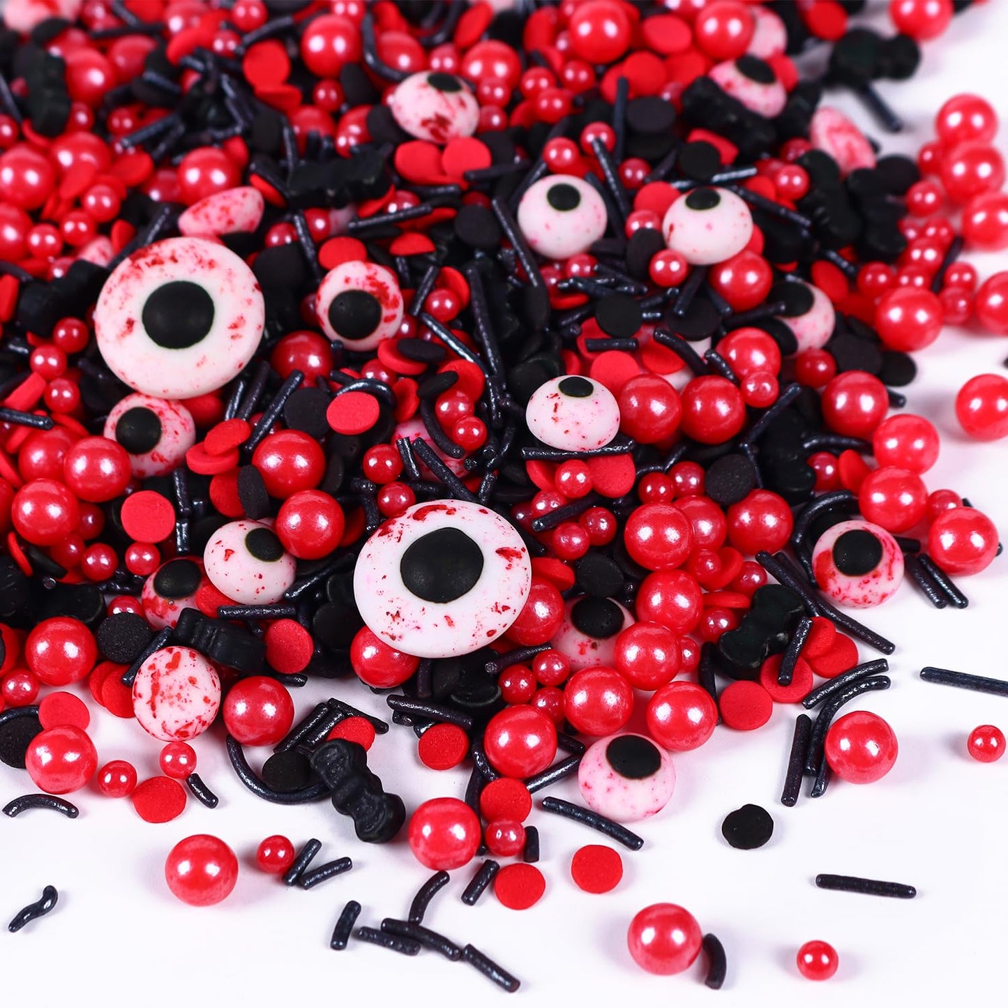 Halloween Sprinkles for Cake Decorating, Black & Red Pearl Sprinkles with Black Bats & Eyeball Candy, Perfect for Halloween Dessert Party 4.23 Ounce