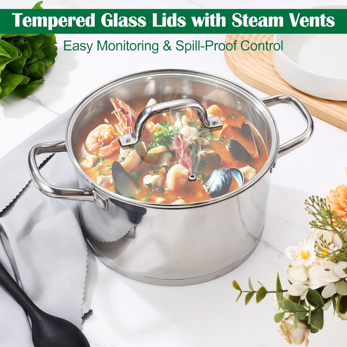 E-far 10-Piece Stainless Steel Cookware Set, Induction Pots and Pans Set with Tri-Ply Base, Non-toxic Kitchen Cooking Set w/Frying Pan, Saucepan, Saute Pan, Stockpot with Lids, Oven & Dishwasher Safe