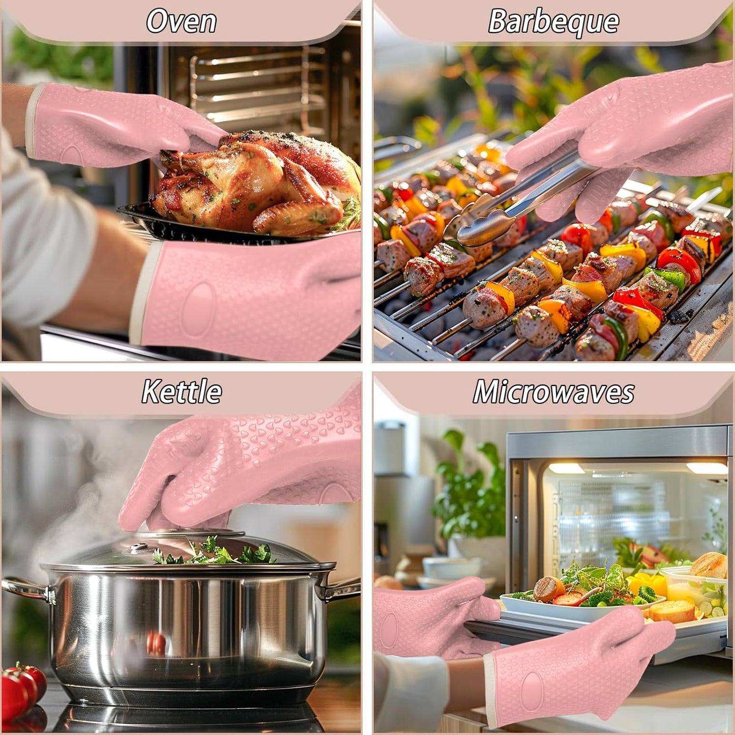 Oven Mitts with Fingers, Heat Resistant 500°F, Waterproof & Non-Slip Kitchen Gloves for Baking, Grilling, Cooking.5-Finger Design with Soft Lining, Hanging Hook,Pink