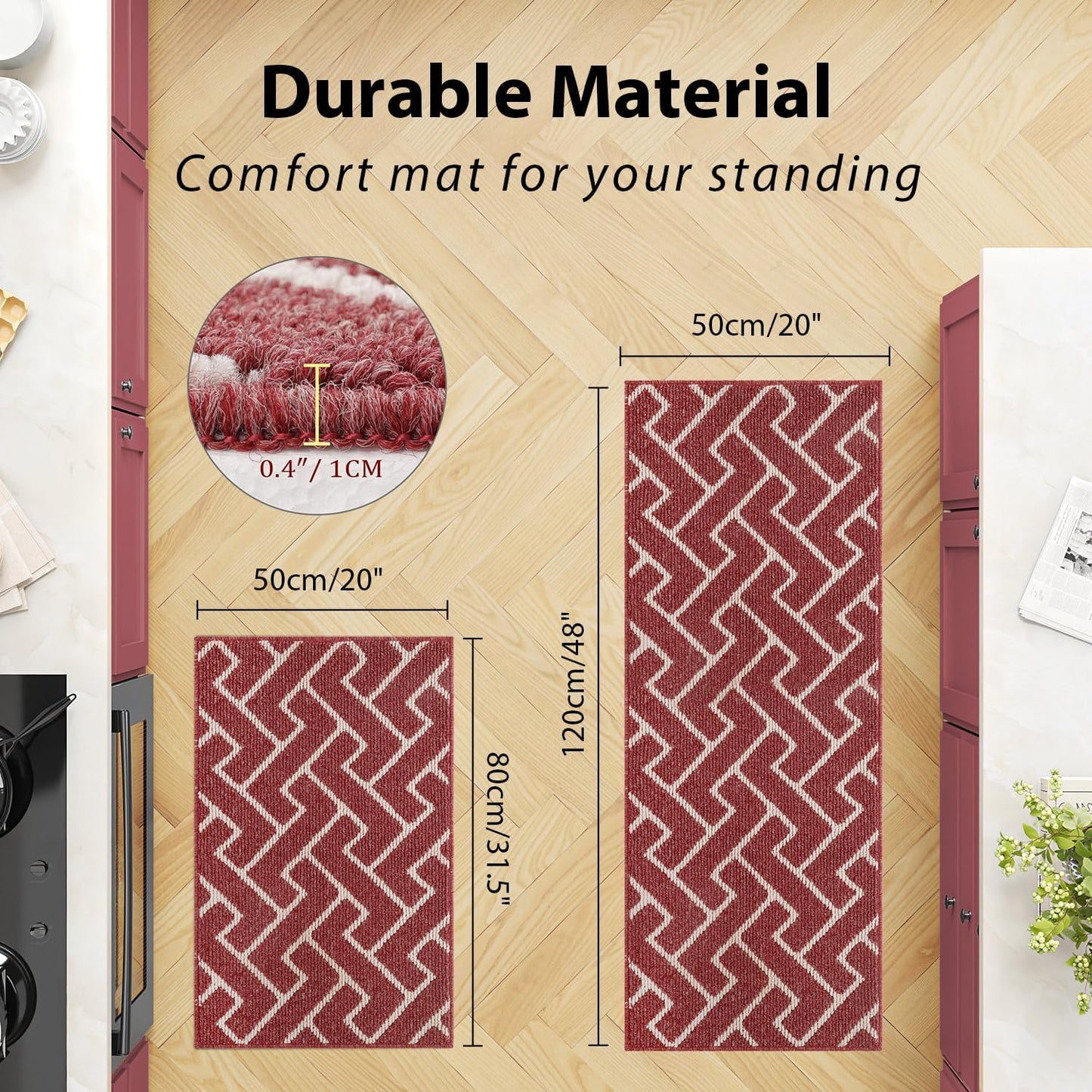 hicorfe Kitchen Rugs and Mats Sets,2 Pieces Non-Slip Absorbent 100% Polypropylene Kitchen Mats for Floor,Comfort Kitchen Runner Mat,Washable for Kitchen,Sink,Laundry(20" x 31.5" Plus 20" x 48",Red)