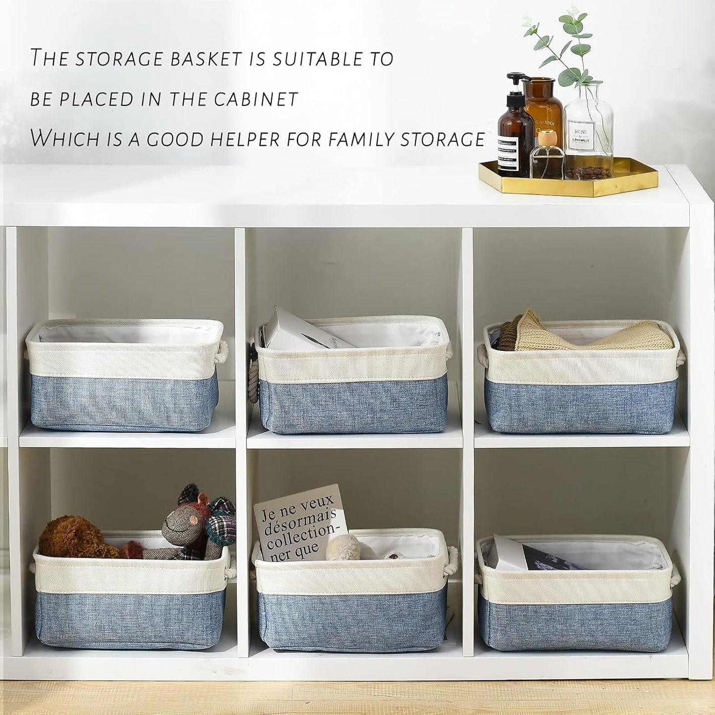 TcaFmac Storage Basket for Shelves - Small 6 Pack Fabric Storage Bins for Organizing, Collapsible Storage Cubes with Handle for Closet Cloth Toy Decorative Gift (White & Blue11.8 x 7.8 x 5.2 inch)