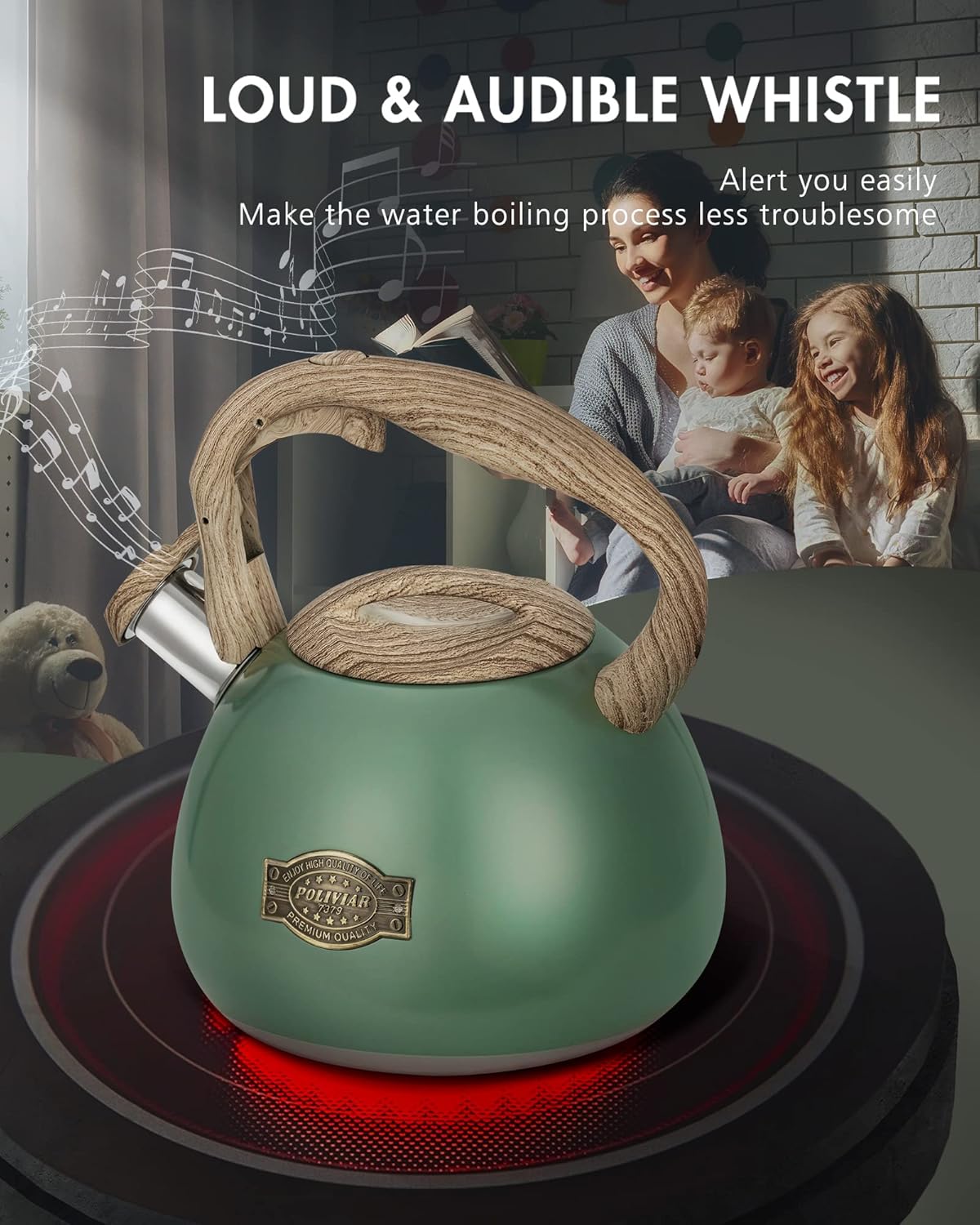 POLIVIAR Tea Kettle, 2.7 Quart Stovetop Tea Kettle, Audible Whistling Teapot, Food Grade Stainless Steel for Anti-Rust, Anti Hot Handle, Suitable for All Heat Sources (JX2022-MN30)
